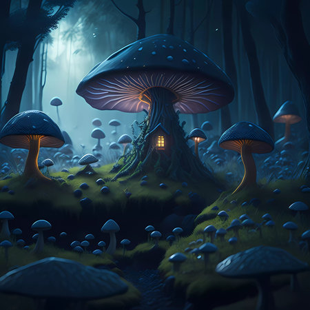 Fantasy landscape with mushrooms in the forest. 3D illustration.の素材