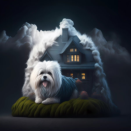 White maltese dog in a house with chimneyの素材