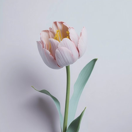 Pink tulip on a gray background. top view.の素材