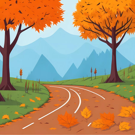 Autumn landscape with road, trees and mountains. Vector illustration.の素材