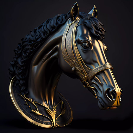 Horse head with golden ornament on black background. 3d renderingの素材