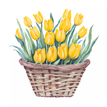Basket with yellow tulips on a white background.の素材