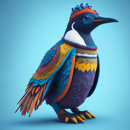 Colorful bird on blue background. 3D illustration.の素材