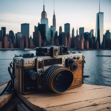 Vintage camera on a wooden pier with New York City skyline in the backgroundの素材