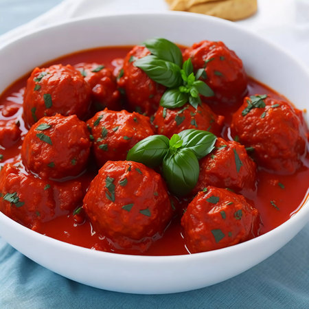 Meatballs in tomato sauce with basil in a bowl, closeupの素材