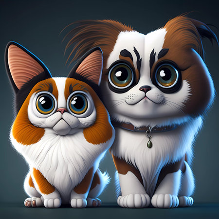 Cute cartoon cat and dog on a gray background. 3d renderingの素材