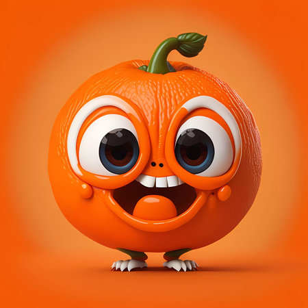 Cartoon pumpkin character on orange background. 3d rendering illustration.の素材