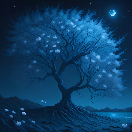 Illustration of a beautiful tree in the moonlightの素材