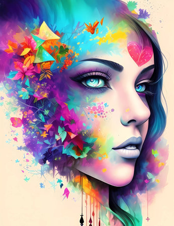 Illustration of a girl's profile made of colorful colorsの素材