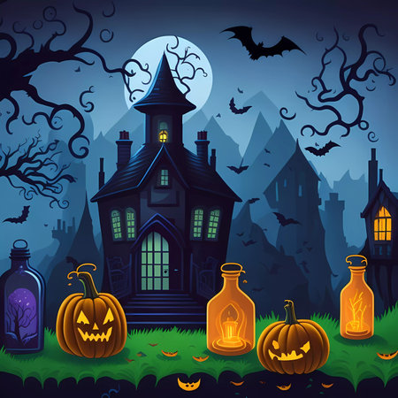 Illustrative representation of Halloween day with scary house and pumpkinsの素材