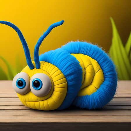 Cartoon fluffy blue and yellow snail on wooden tableの素材