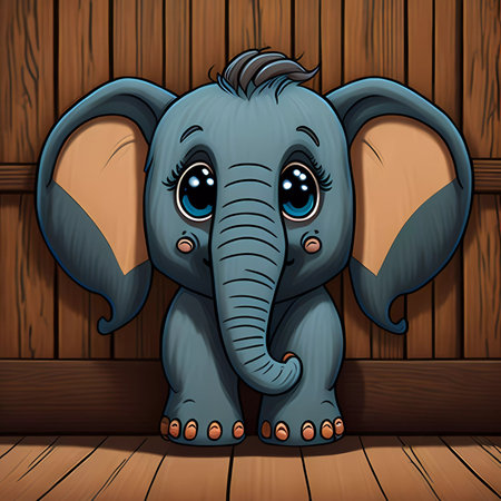 cartoon cute baby elephant on a wooden backgroundの素材