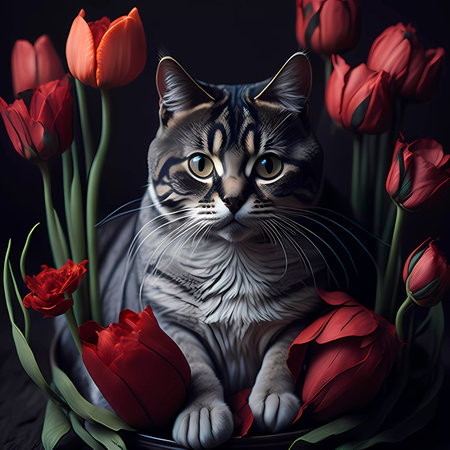 Cute cat and red tulips on a dark background.の素材