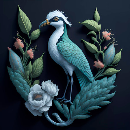 Elegant bird with leaves and flowers on a dark background.の素材