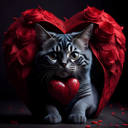 Cute cat with red heart and roses on a black background.の素材