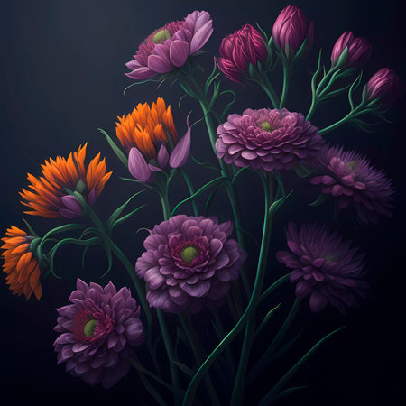 Illustration of a bunch of purple flowers on a dark background.の素材