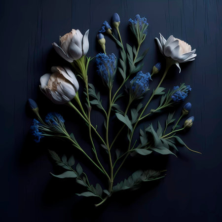 Flowers composition on a dark background. top view.の素材