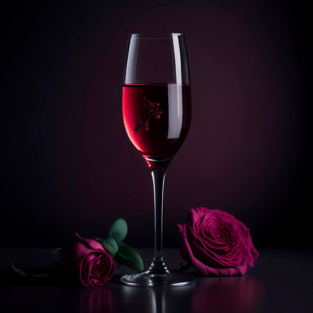 Glass of red wine with rose on dark background.の素材