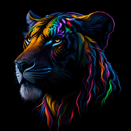 Tiger head with multicolored hair on a black background.の素材