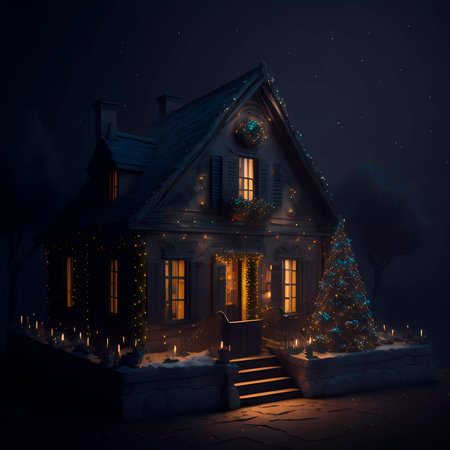 Old house with christmas tree and lights at night. illustration.の素材