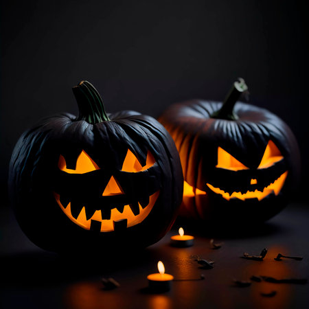 Halloween pumpkins with scary faces on black background, closeupの素材