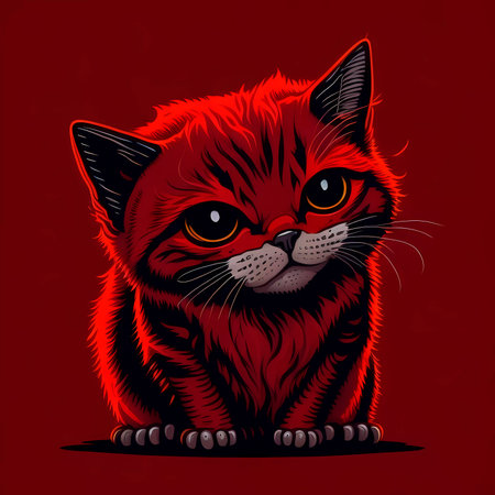 Vector illustration of a red cat with big eyes on a red backgroundの素材