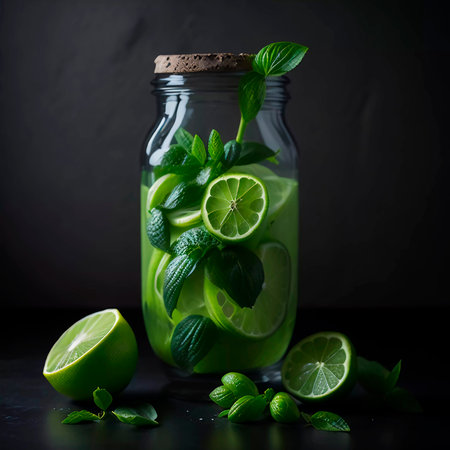 Mojito cocktail with lime, mint and ice on black backgroundの素材