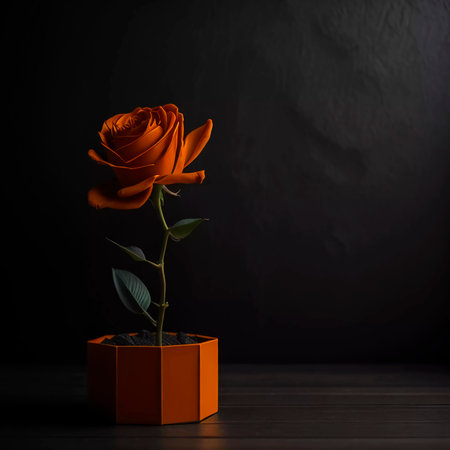 Orange rose in a vase on a black background. Valentine's Dayの素材