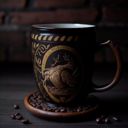 Coffee cup and coffee beans on a wooden table. Dark background.の素材