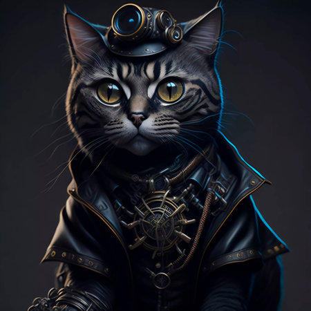 Portrait of a cat in a steampunk costume on a dark background.の素材