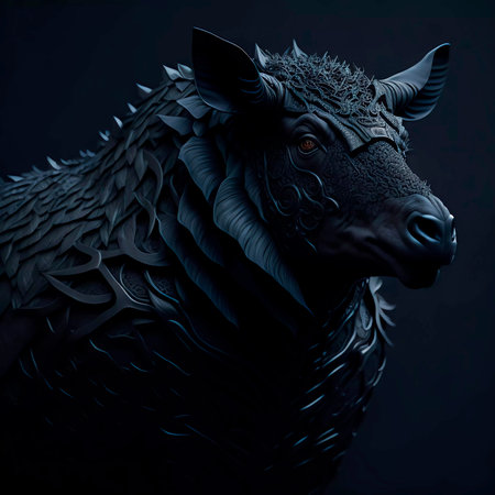 Head of a black sheep on a black background. 3d renderingの素材