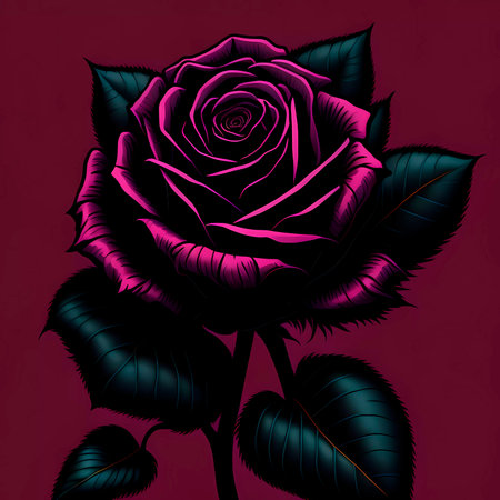 Illustration of pink rose with leaves on a dark red background.の素材
