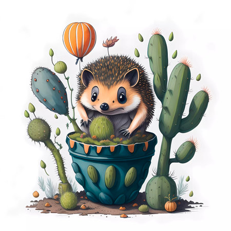 Cute hedgehog in a pot with cacti. Cute cartoon character.の素材