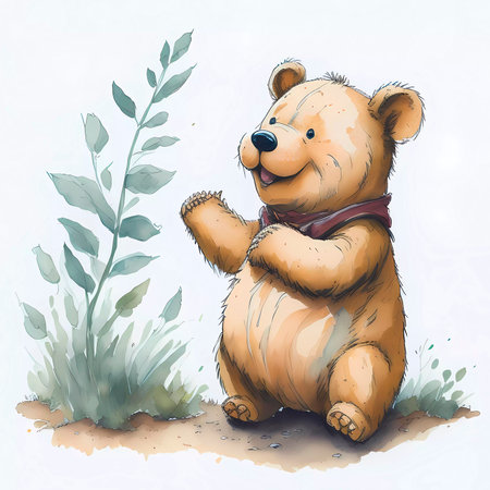 Illustration of a teddy bear sitting on the ground in the grassの素材