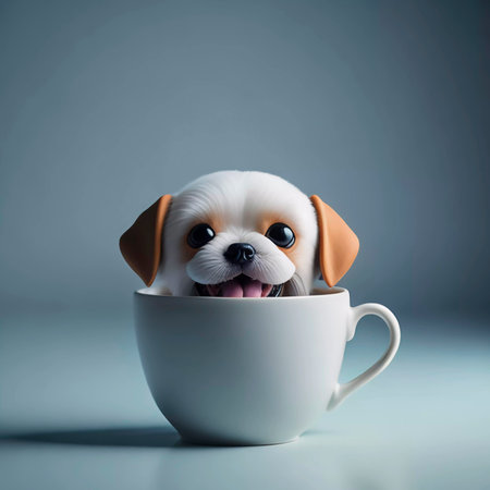 Cute dog in a cup of coffee or tea on blue backgroundの素材