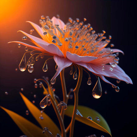 Beautiful orange flower with water drops on black background. 3d renderingの素材