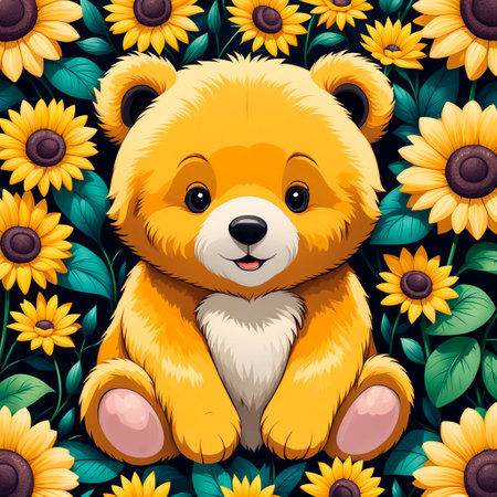 Cute teddy bear sitting among the flowers. Vector illustration.の素材