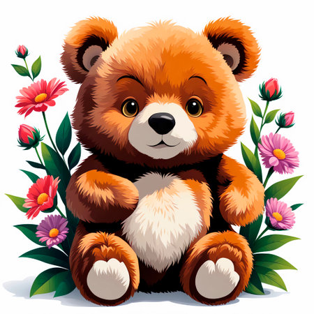 cute r teddy bear with flowers on a white background. vector illustrationの素材