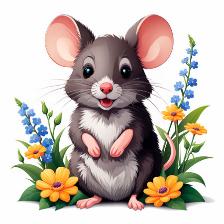 Cute mouse with flowers on a white background. Vector illustration.の素材