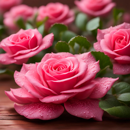 Beautiful pink roses with water drops on wooden background. Selective focus.の素材