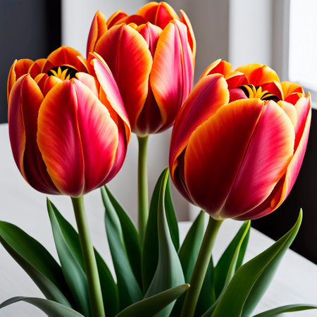 Bouquet of red and yellow tulips on the windowsillの素材