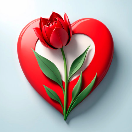 Red heart with red rose on blue background. 3D illustration.の素材