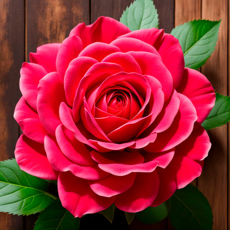 Beautiful red rose on wooden background. Top view.の素材