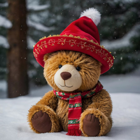 Teddy bear in a red hat and scarf sitting in the snowの素材