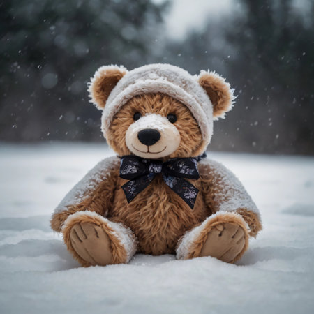 Cute teddy bear sitting on the snow in the winter forestの素材