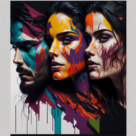 Fashion art collage. Portrait of a beautiful young man and woman with bright make-up.の素材