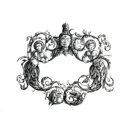 Decorative borders drawn in ink on a white backgroundの写真素材