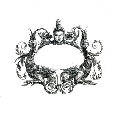 Decorative borders drawn in ink on a white backgroundの写真素材