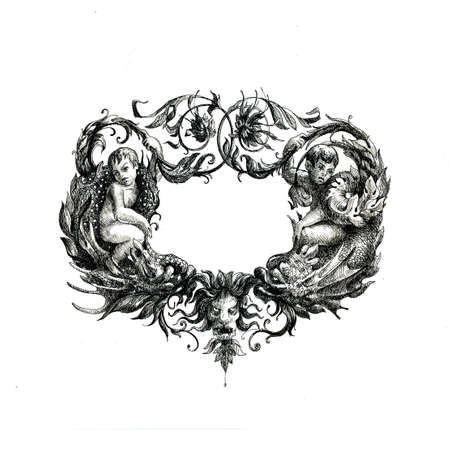Decorative borders drawn in ink on a white backgroundの写真素材