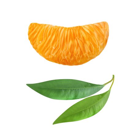 One slice of a ripe tangerine and two green leaf citrus isolated on white background.の写真素材